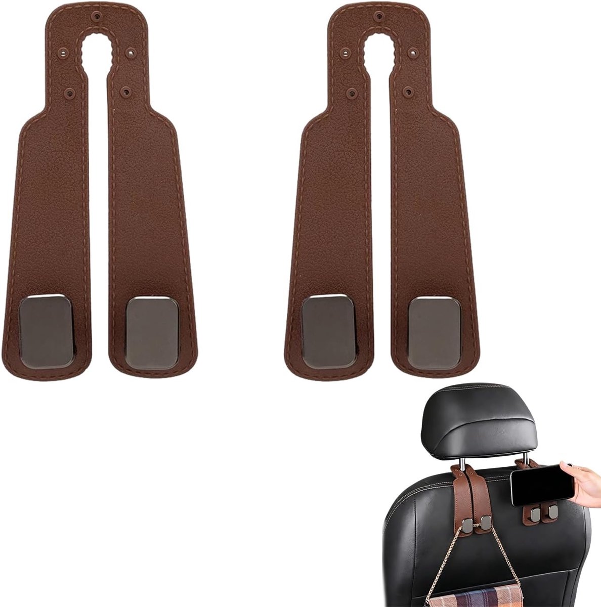 Autohoofdsteunhaken set van 2 - leer - dubbele haken - ideaal voor tas en paraplu - ShopVlot