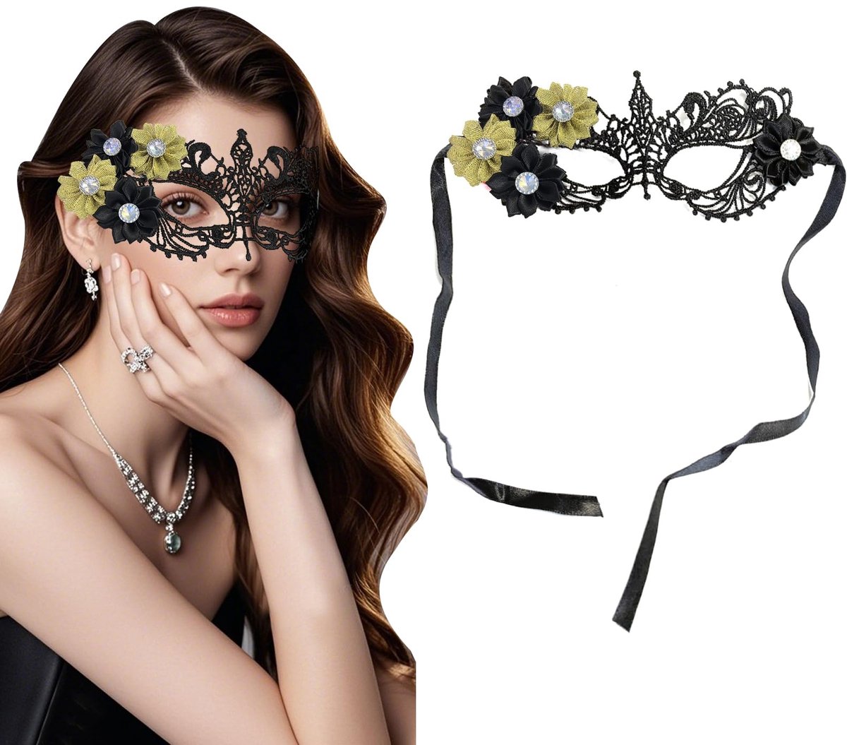 Masker voor gemaskerd bal zwart - kant - met bloem - ideaal voor Halloween en feesten - ShopVlot