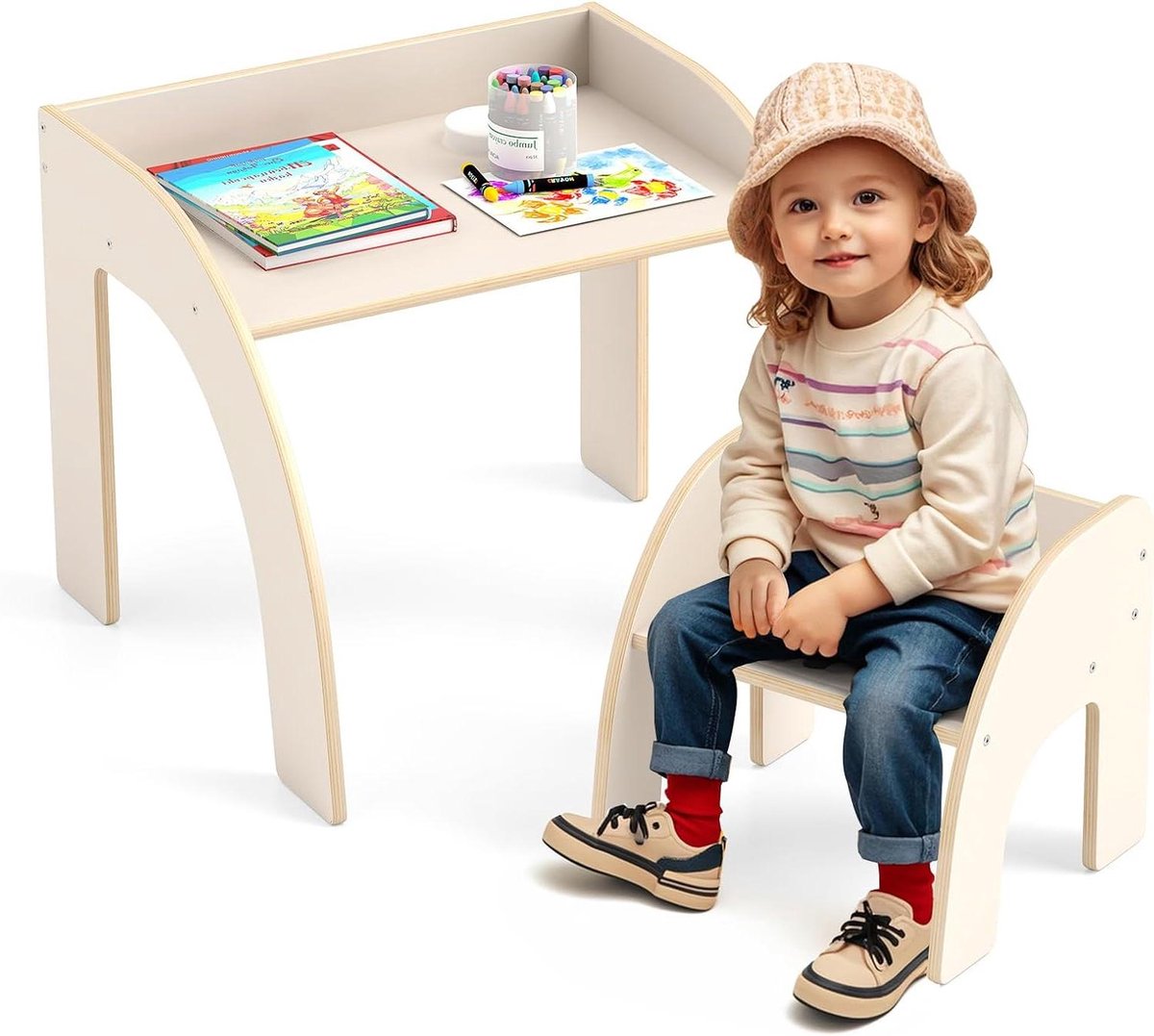Kinder Tafel met Stoel - Kindertafel Set - Creatief Spelen - Houten Frame - 60x59.5x50 cm - Wit