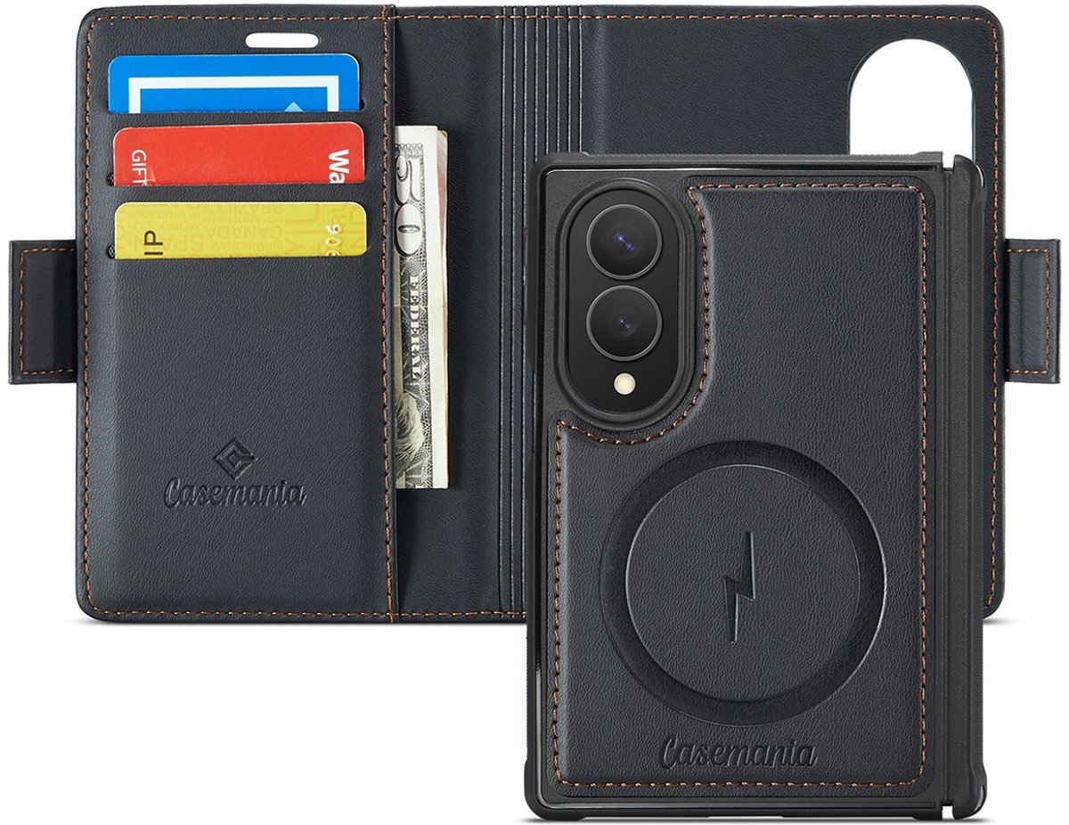 CaseMania Bookcase hoesje geschikt voor Samsung Galaxy Z Fold 8 - Effen Zwart - Kunstleer - 2-in-1 Magnetisch Uitneembaar Design - Compatible Qi2 & MagSafe