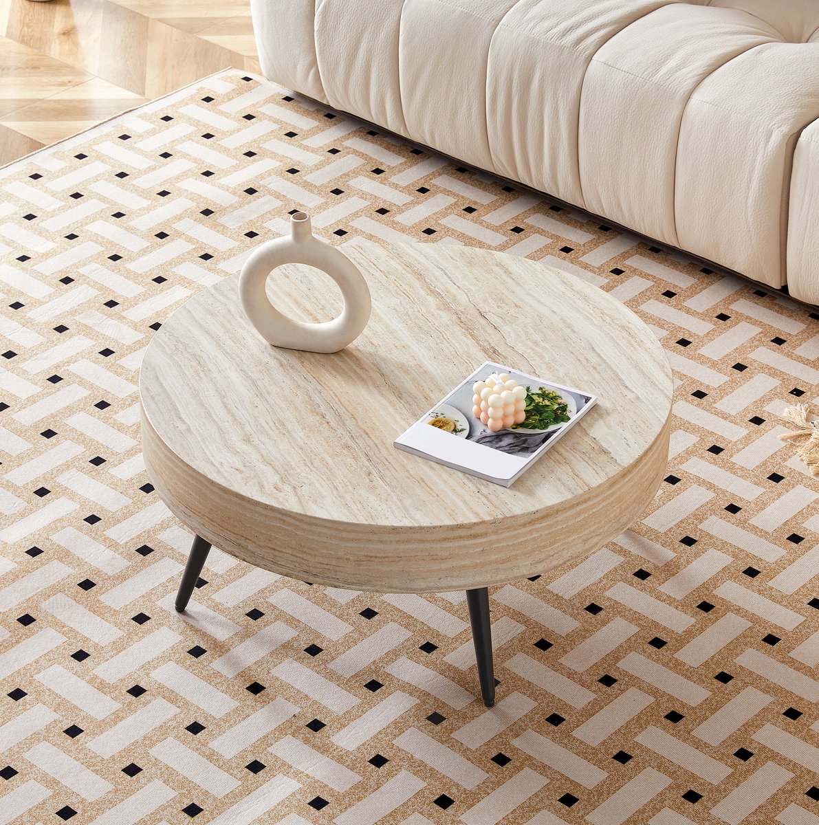 COVREO Salontafel 70 cm rond zwart, MDF met metalen poten en antislipvoeten