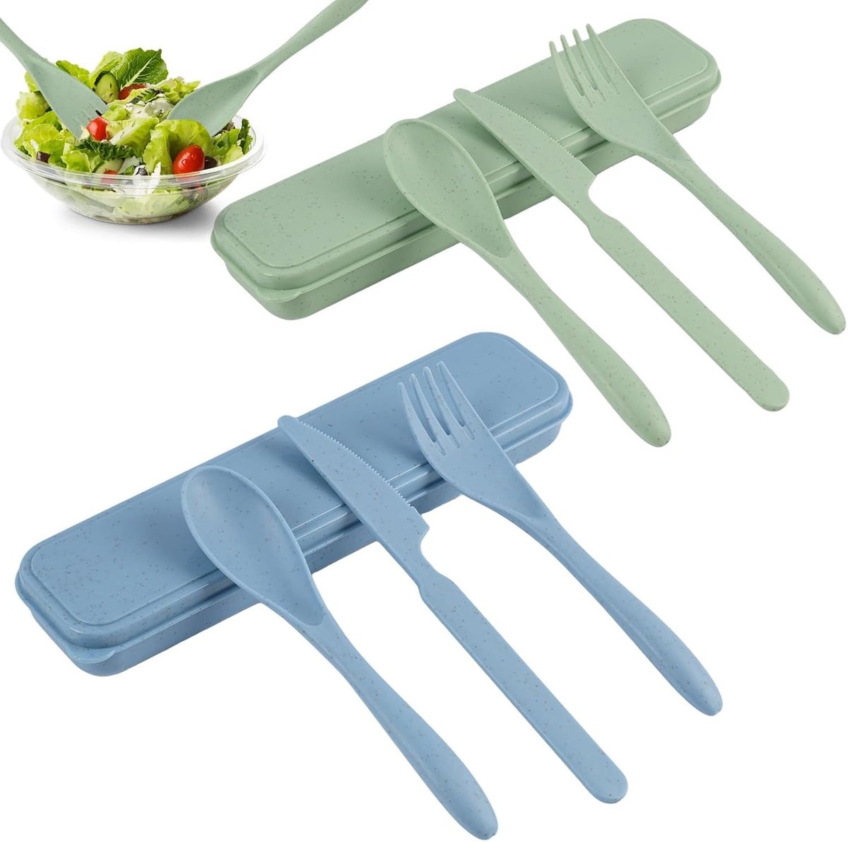 Set van 2 Reisbestek - Blauw en Groen - Draagbare Kunststof Bestekset met Opbergdoos - Voor Picknick, Kantoor en School