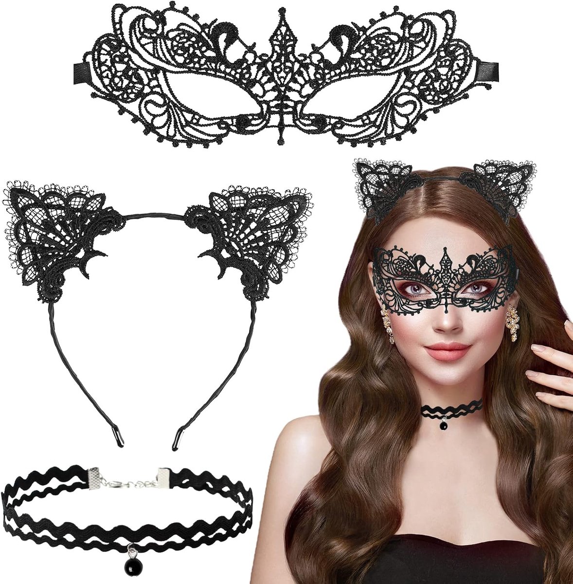Catwoman kattenoren hoofdband en masker - 3-delige set - zwarte kant - ideale accessoires voor verkleedpartijen - ShopVlot
