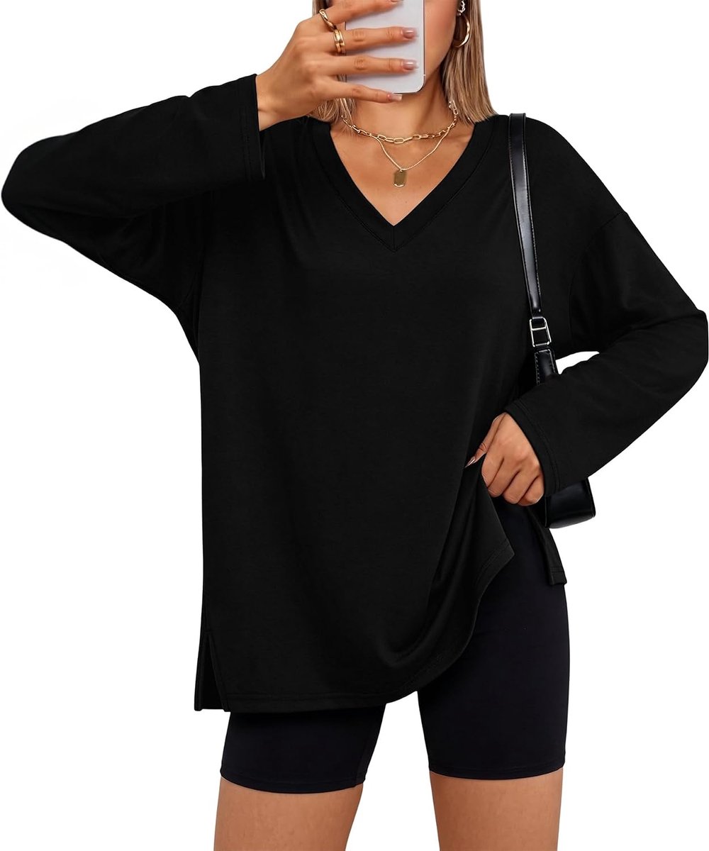 Damesshirt lange mouwen - V-hals oversized - katoen casual - perfect voor leggings - ShopVlot