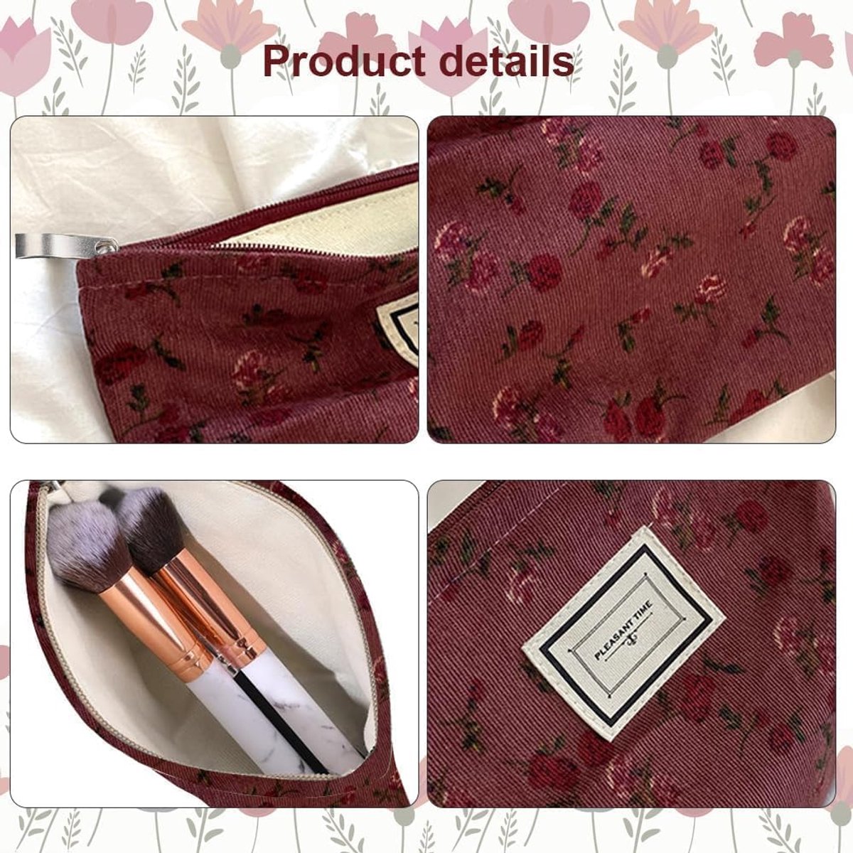 Make-uptas rechthoekig - bloemenpatroon - corduroy stof - gemakkelijke toegang tot cosmetica - ShopVlot
