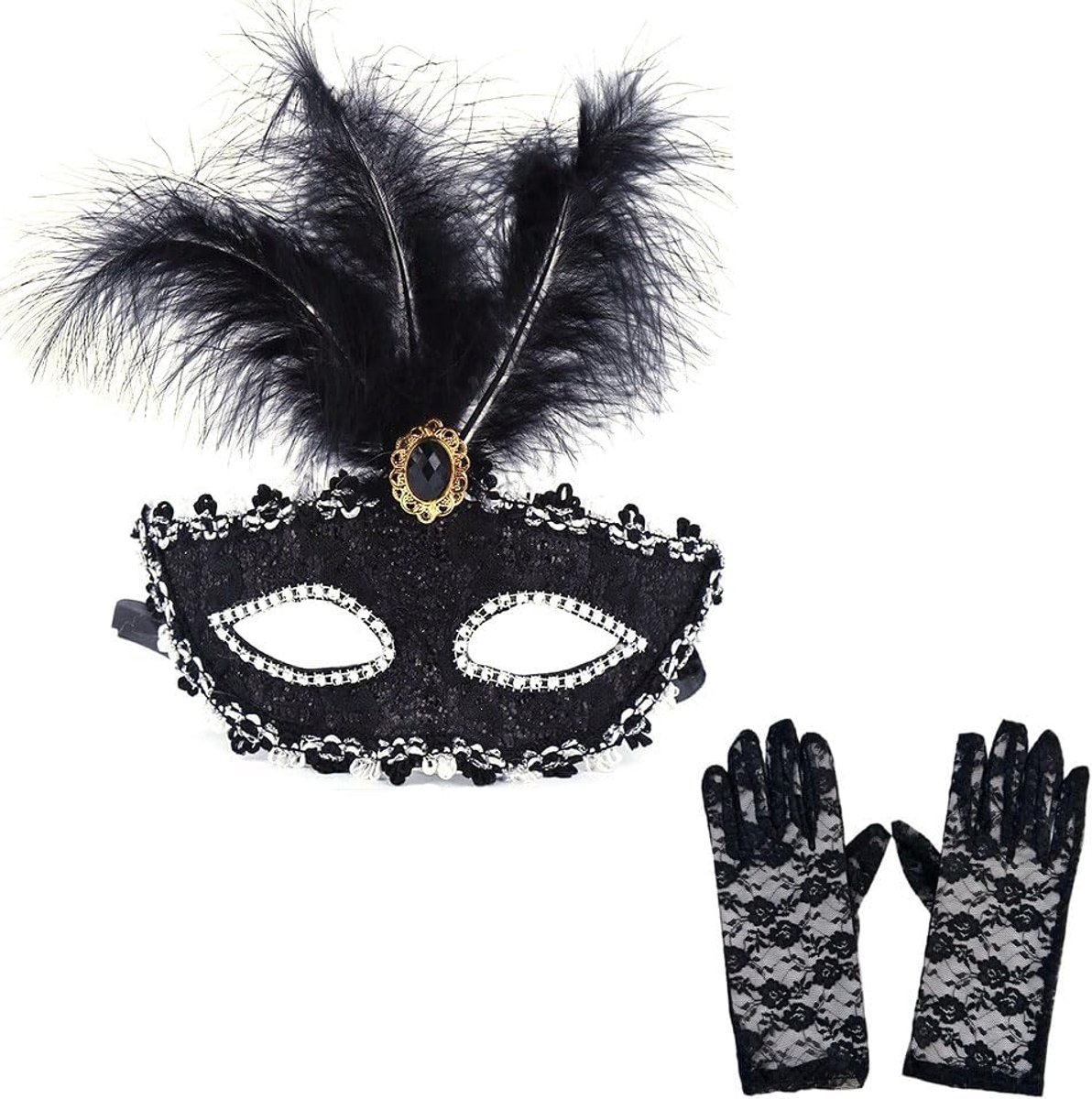 Lace Venetiaans masker voor mannen en vrouwen - met veren en diamant - versierd - perfect voor gemaskerde bal - ShopVlot