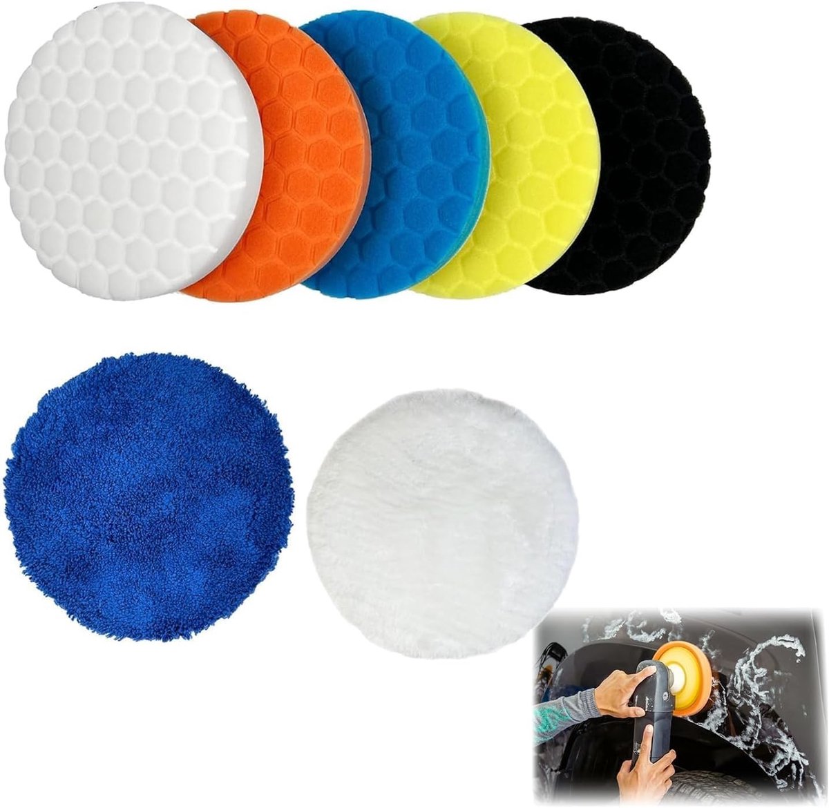 Polijstspons Set - Blauw/Zwart/Wit/Oranje/Geel - 150 mm - Herbruikbare Polijstpads voor Excentrische Polijstmachines