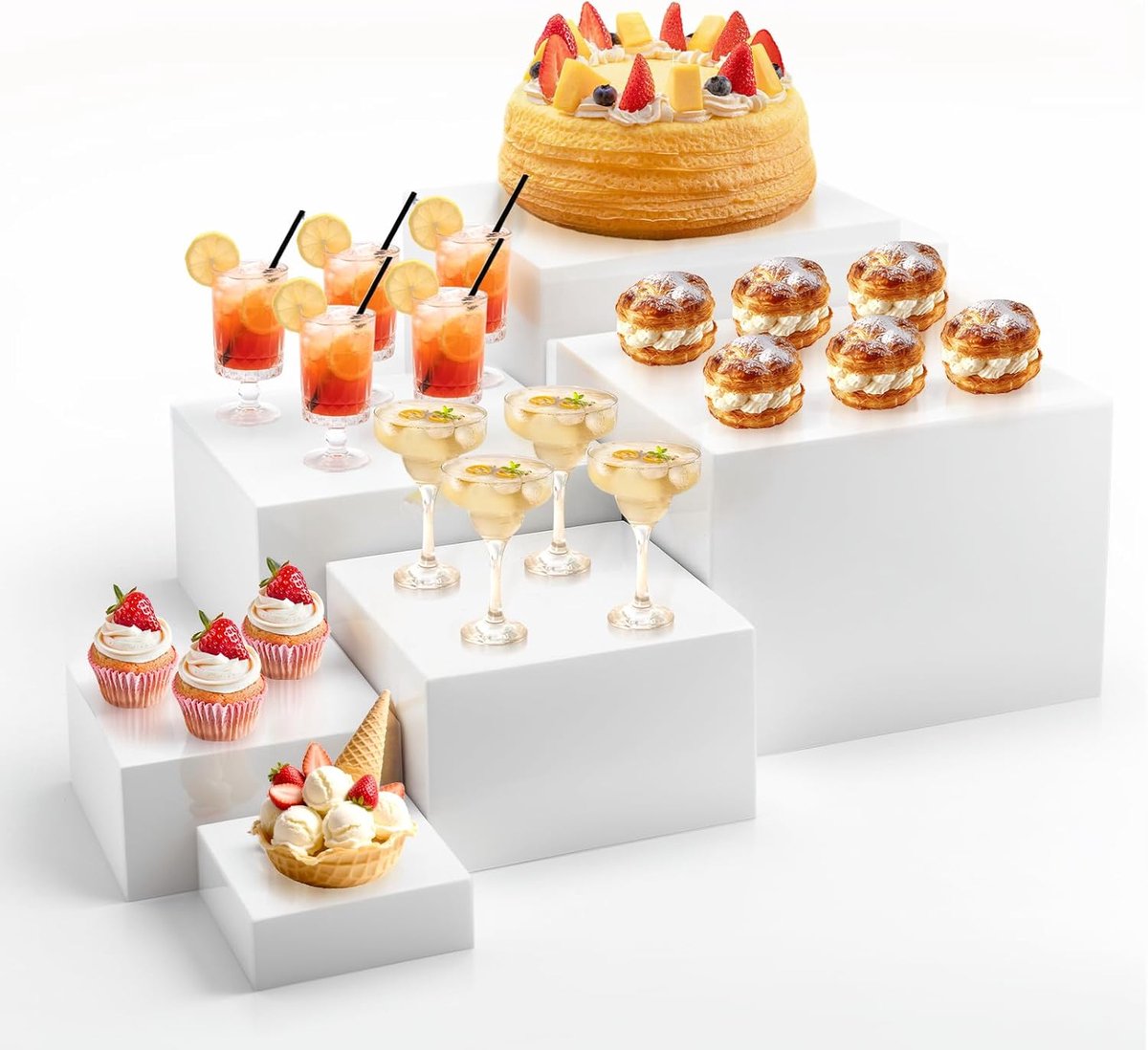 Buffet stand set van 6 - witte acryl - hoogte 7,5-20 cm - ideaal voor dessertpresentatie - ShopVlot