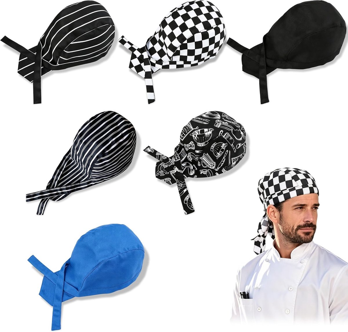 Koksbaret 6 Stuks - Verstelbare Unisex Keukenmutsen - Motieven en Effen - Ideaal voor Koken en Bakken - ShopVlot