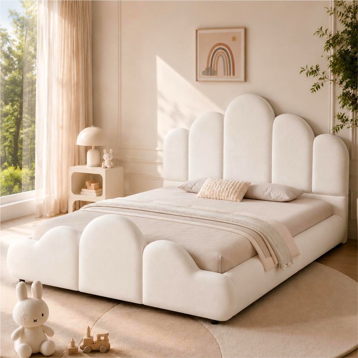 OKWISH Kinderbed 140x200 cm - Gestoffeerd Bed met Afgeronde Hoeken - Met Lattenbodem - Zonder Matras - Fluweel - Beige