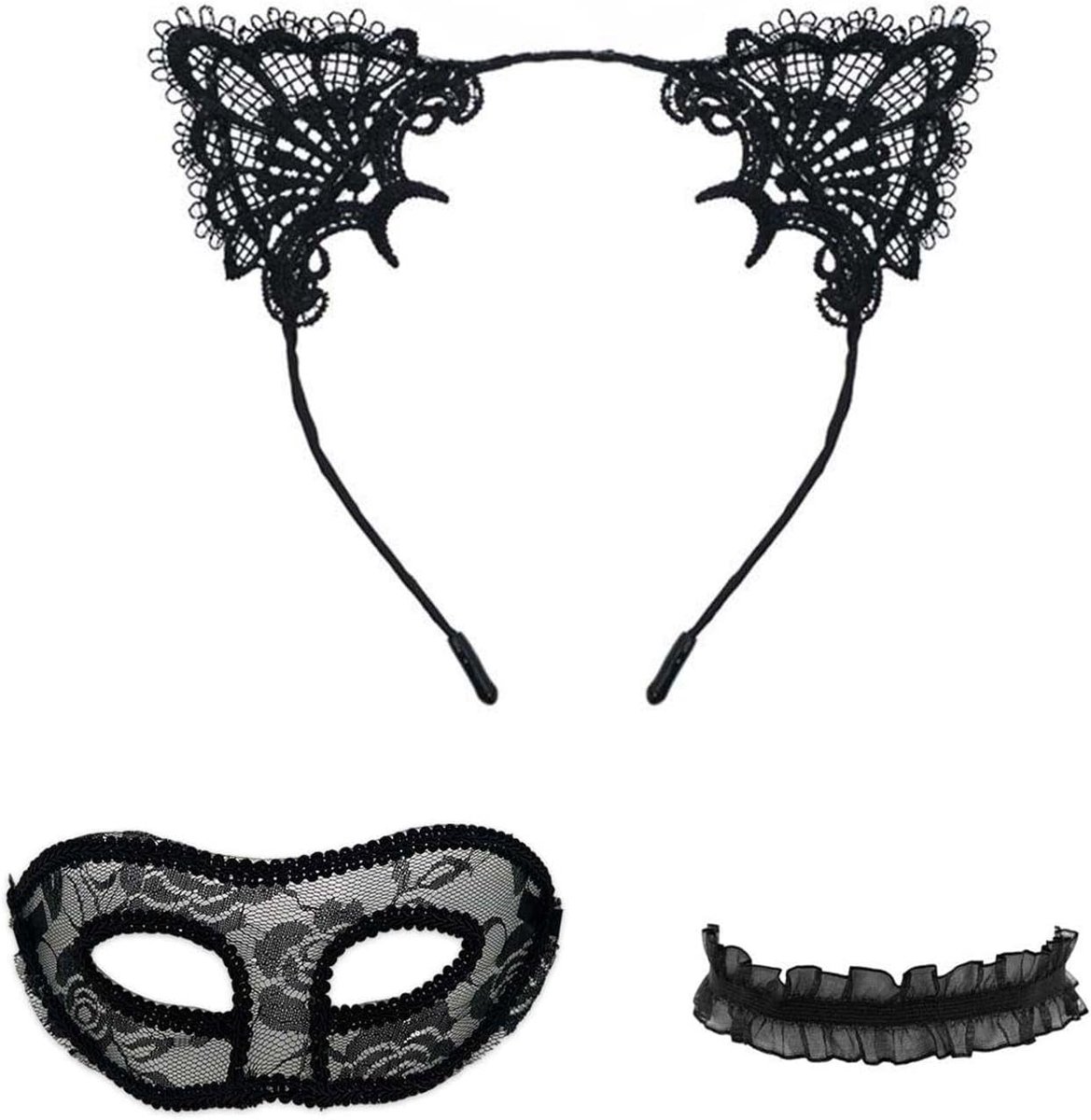 Hoofdband zwart kant - feestdecoratie masker - elastische kant bib - schattige kattenoren - rolspelaccessoires - ShopVlot