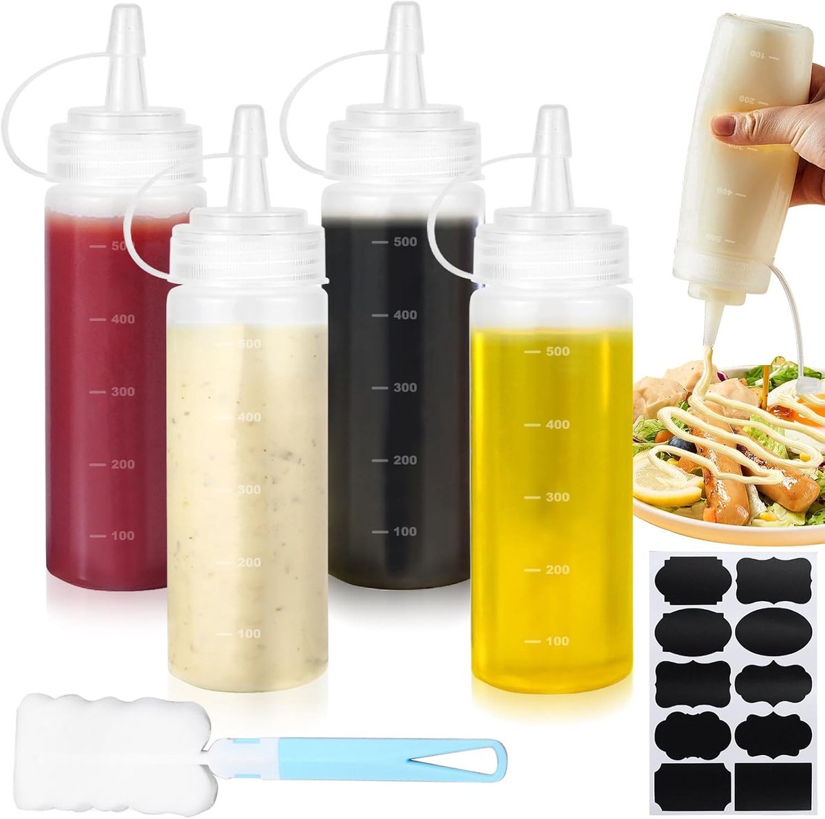 Knijpfles Set - Wit - 500 ml - Herbruikbare Sausflessen met Doppen en Reinigingsborstel - Voor Sauzen en Specerijen