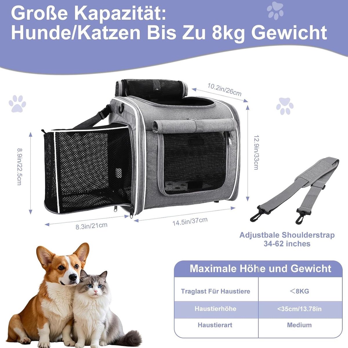 Hondenfietsmand - Grijs - 35,5 x 26,5 x 35,5 cm - Verstevigde Rugzak met Mesh-ramen - Voor Honden en Katten tot 8 kg