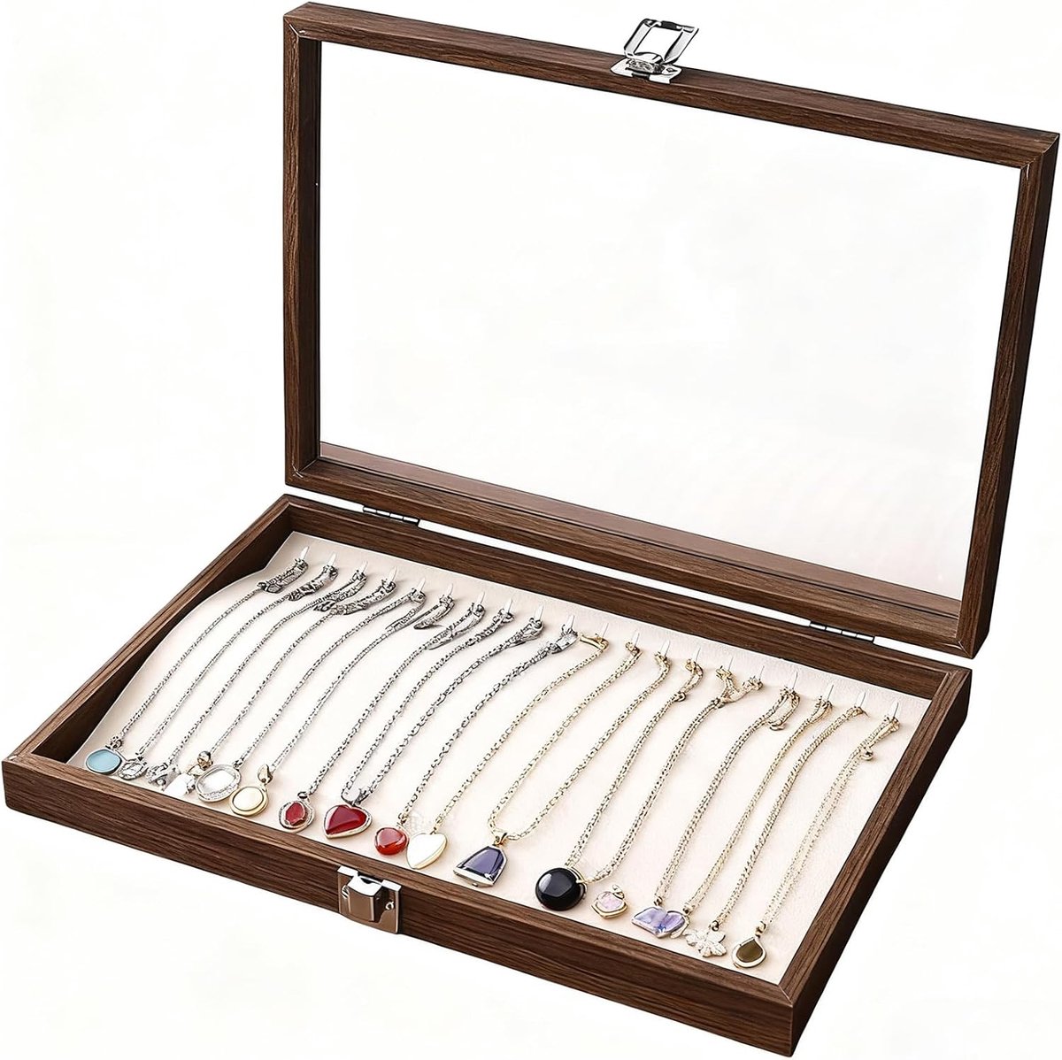 Sieradendienblad 24 x 35 cm - Houten sieradenorganizer - Met deksel en 20 haken - Ideaal voor make-uptafel - ShopVlot