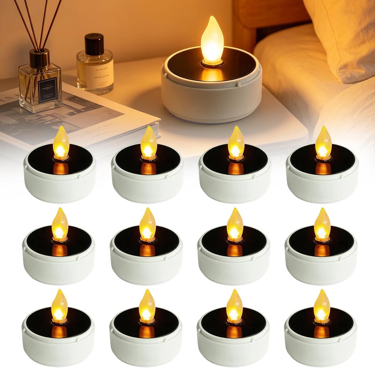Theelichtjes op zonne-energie - waterdicht - flikkerend - sfeervolle tuinverlichting, 12 stuks - ShopVlot