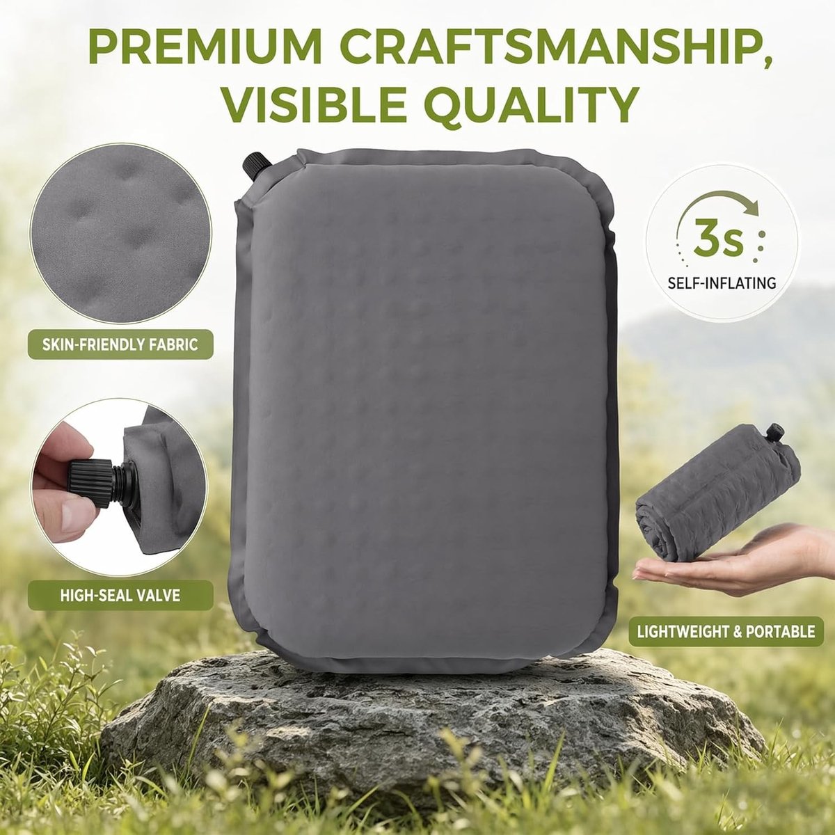 Zelfopblazend zitkussen voor outdoor activiteiten, ultralicht en opvouwbaar, ideaal voor camping, wandelen en bureaustoel, 43 x 33 x 5 cm (grijs)