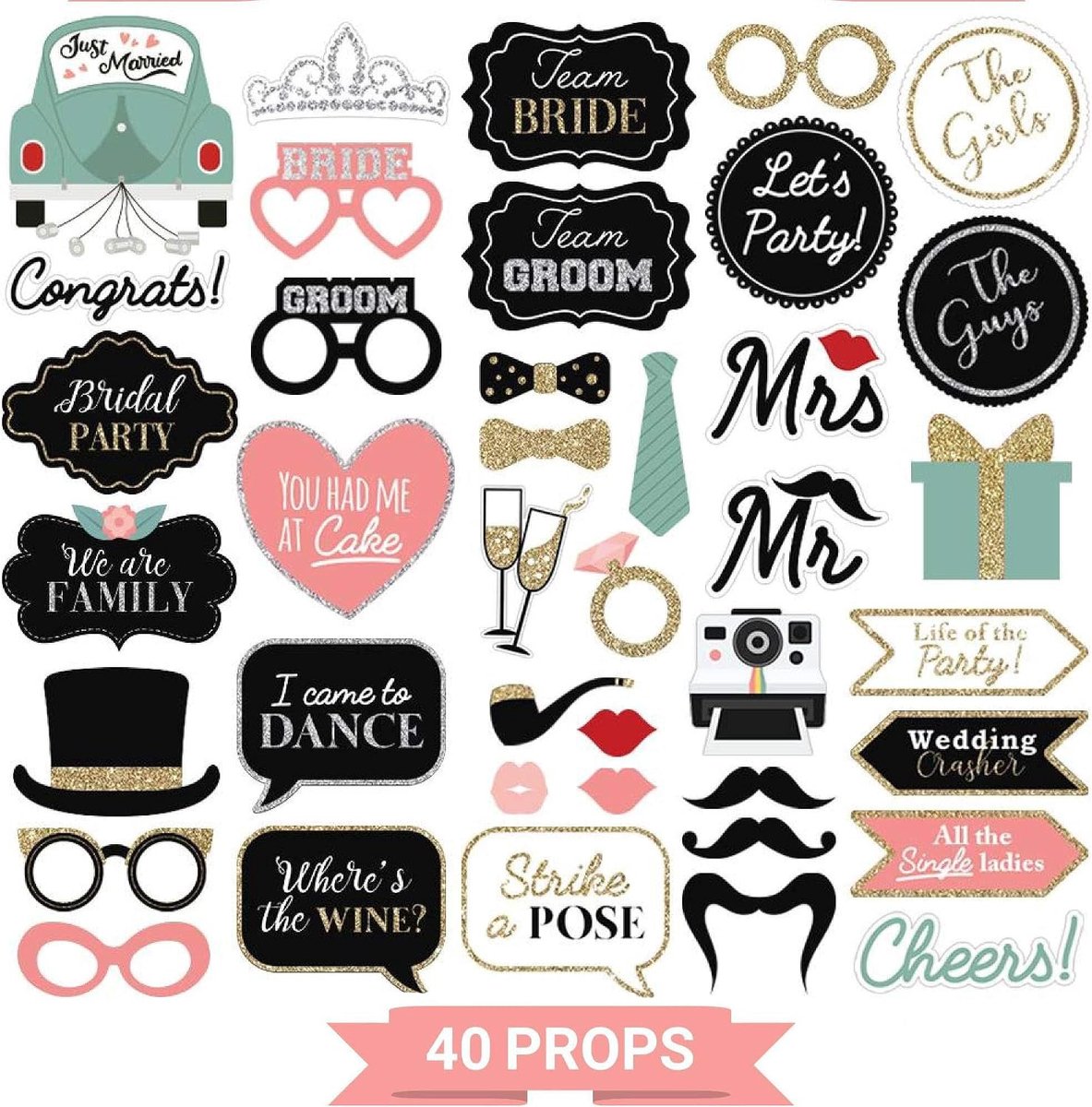 Wedding Photo Props - Set of 40 - Selfie Signs in Gold, Pink, Turquoise and Silver - ShopVlot