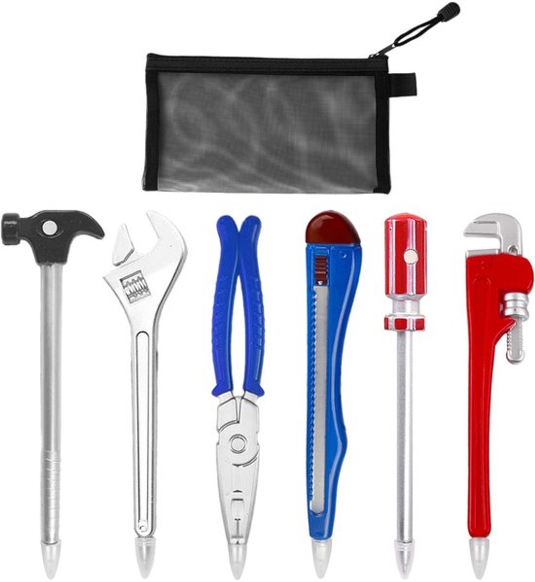 6 Stuks Hardware Vormen Gereedschap Balpen, 1 Stuk Zwarte Mesh Pennentas, Creatieve en Gepersonaliseerde Kantoorbenodigdheden, Nieuwe Gereedschap Pen Set, Kinder Speelgoed