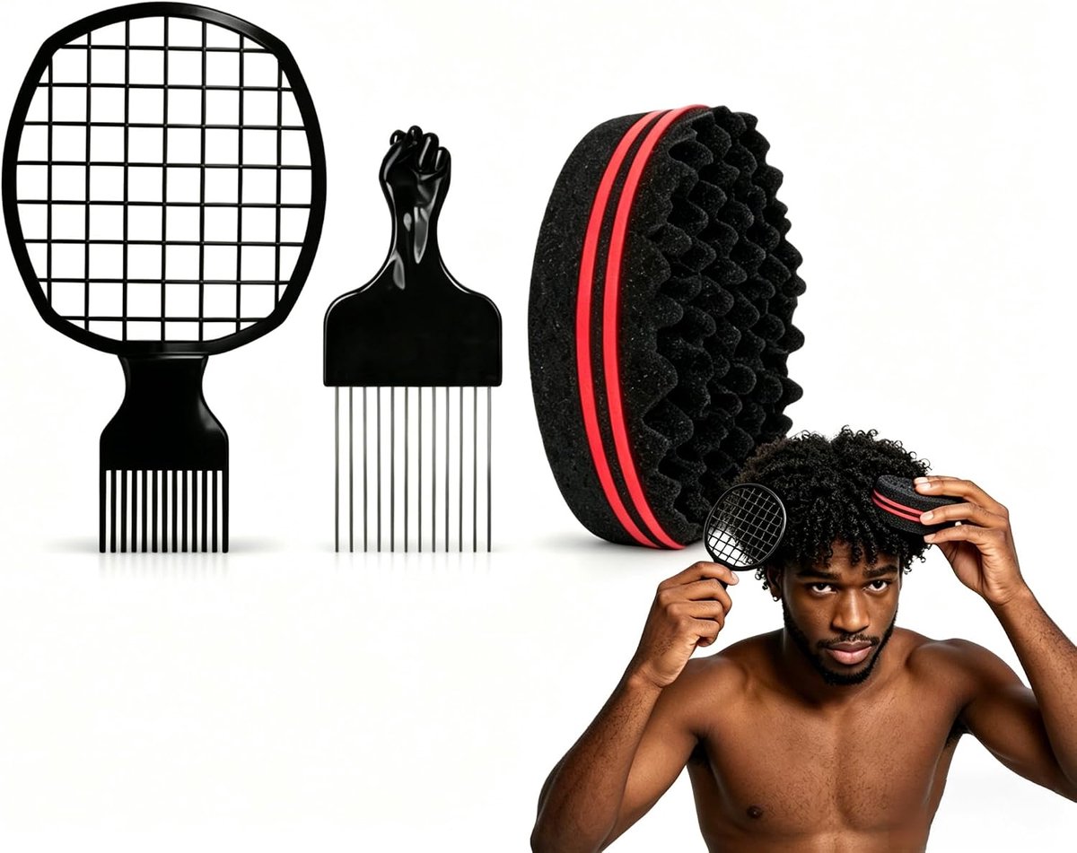 Afro haarborstel set 3-in-1 - Haar spons met twist kam - Professionele styling voor dreadlocks en krullen - ShopVlot