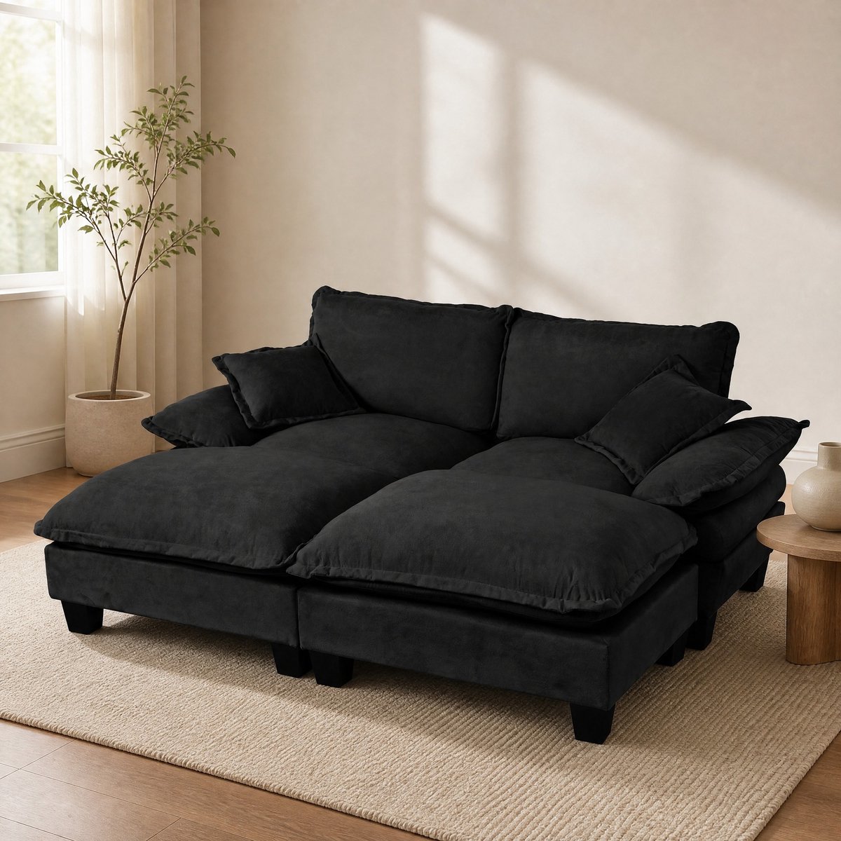 DESMIU Hoekbank 4-Zits - Modulair Met 2 Verplaatsbare Ottomanen En 2 Kussens - Voor Woonkamer En Appartement - Chenille - Zwart