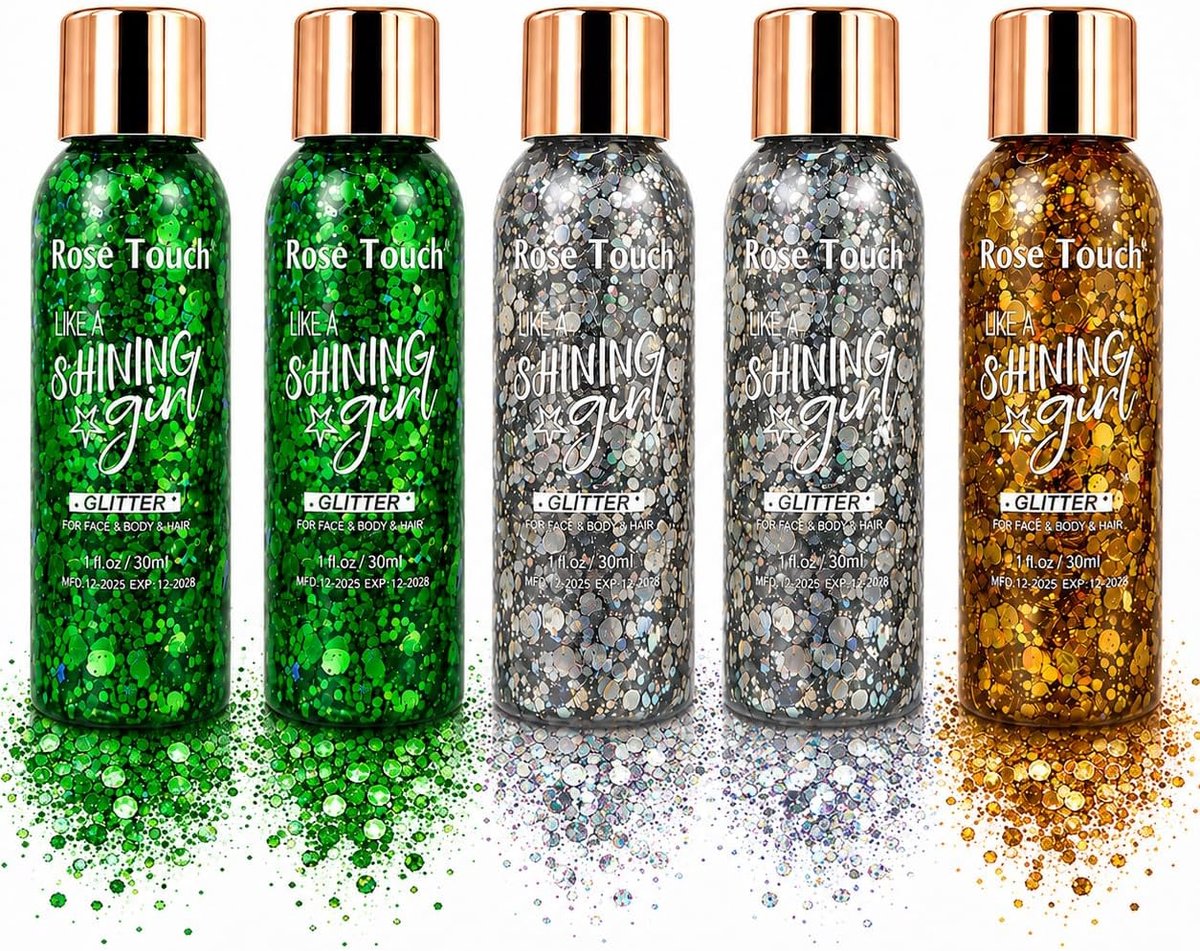 Glittergel set 5 stuks - 2 x zilver, 2 x groen, 1 x goud - chunky glitter voor make-up - creëer sprankelende looks - ShopVlot