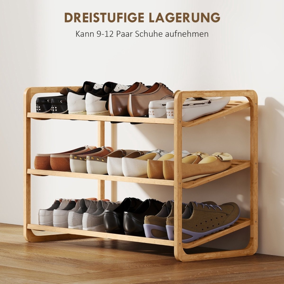 Schoenenrek Bamboe – 76 x 33 x 50,8 cm – 3-Laags Staand Rek – Natuurkleur – Open Schoenenopberging Voor Hal En Slaapkamer