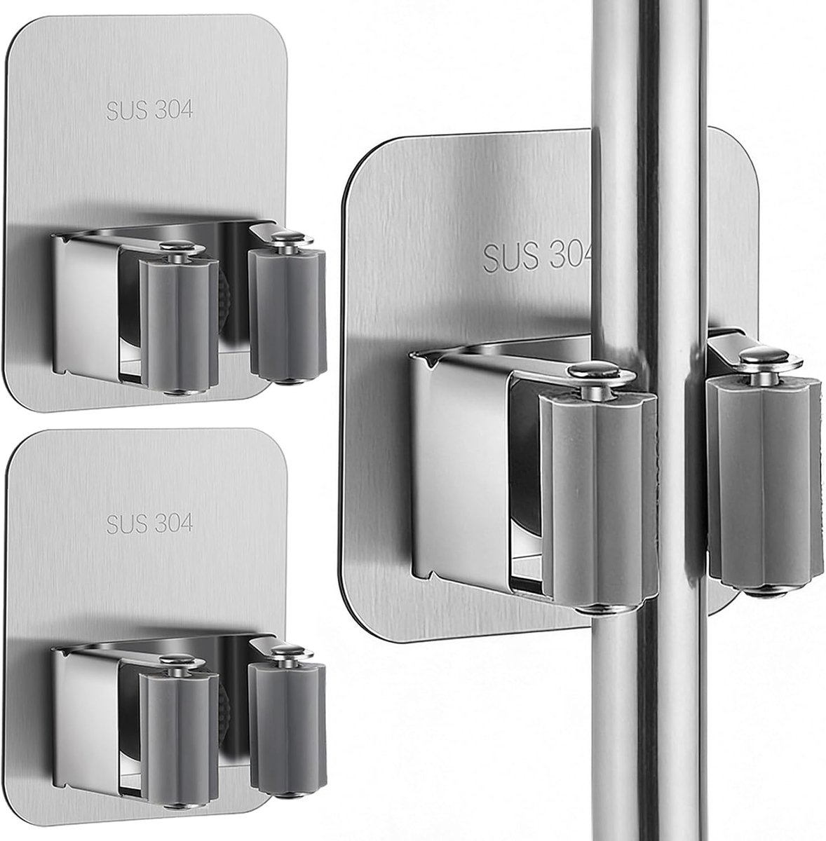 Broom holder set van 2 - roestvrij staal - zelfklevend zonder boren - ShopVlot