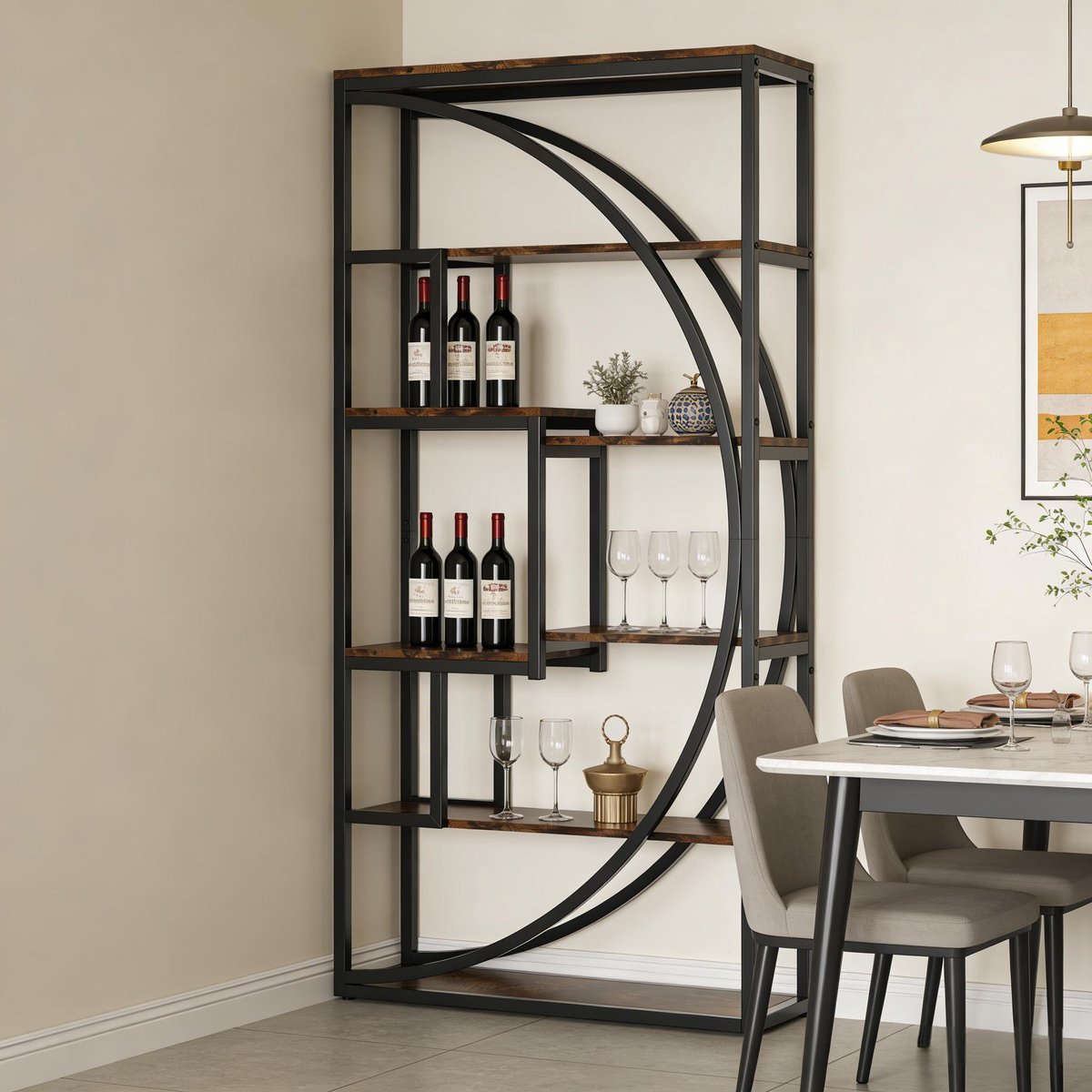 Boekenkast Geometrisch Design – 80 x 30 x 179 cm – Metaal En Houtlook – Zwart En Rustiek Bruin – Open Opbergruimte Voor Woonkamer En Kantoor