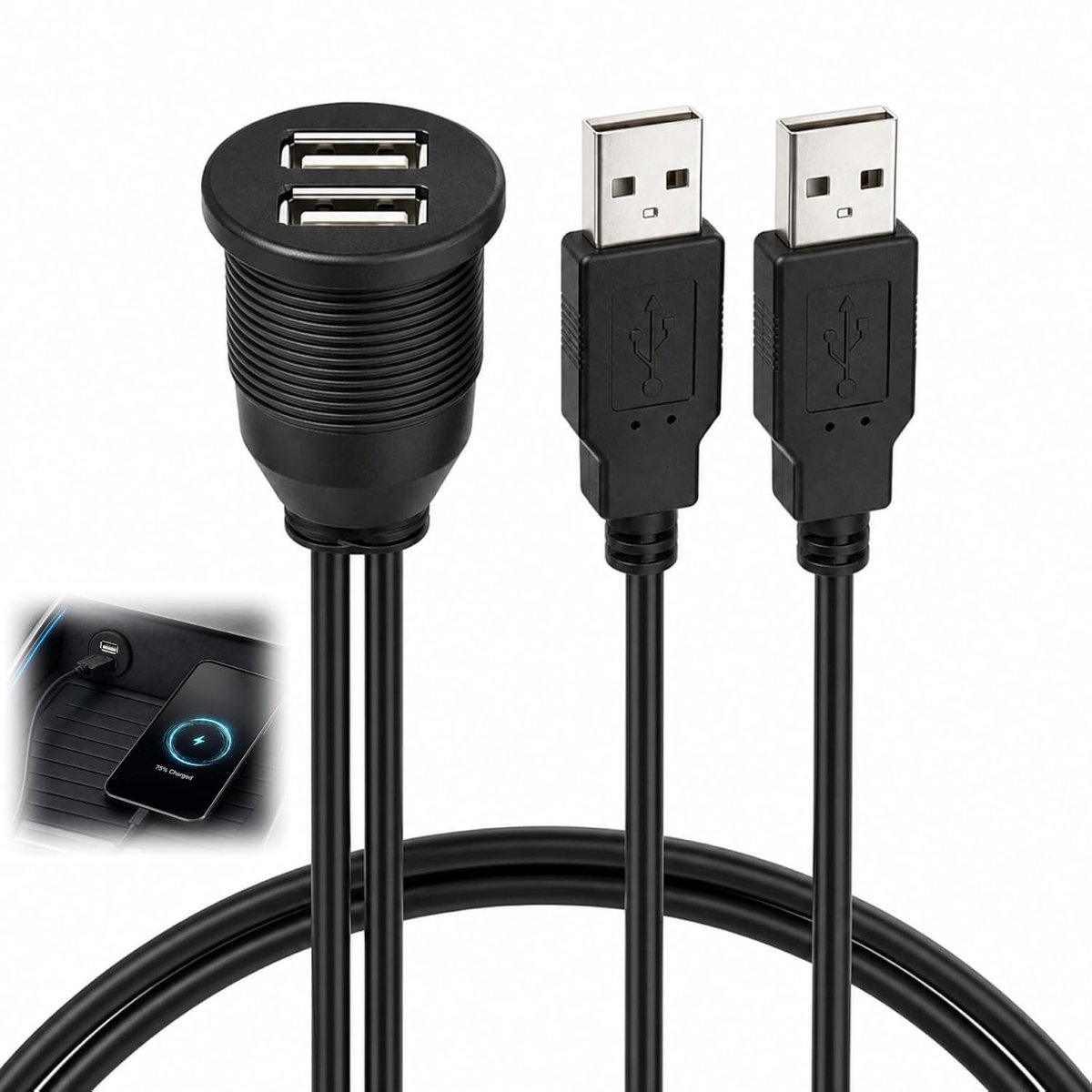 USB inbouwbus auto dubbele USB 2.0 - waterdicht paneelkabel - 1 m kabel - comfortabel opladen onderweg - ShopVlot