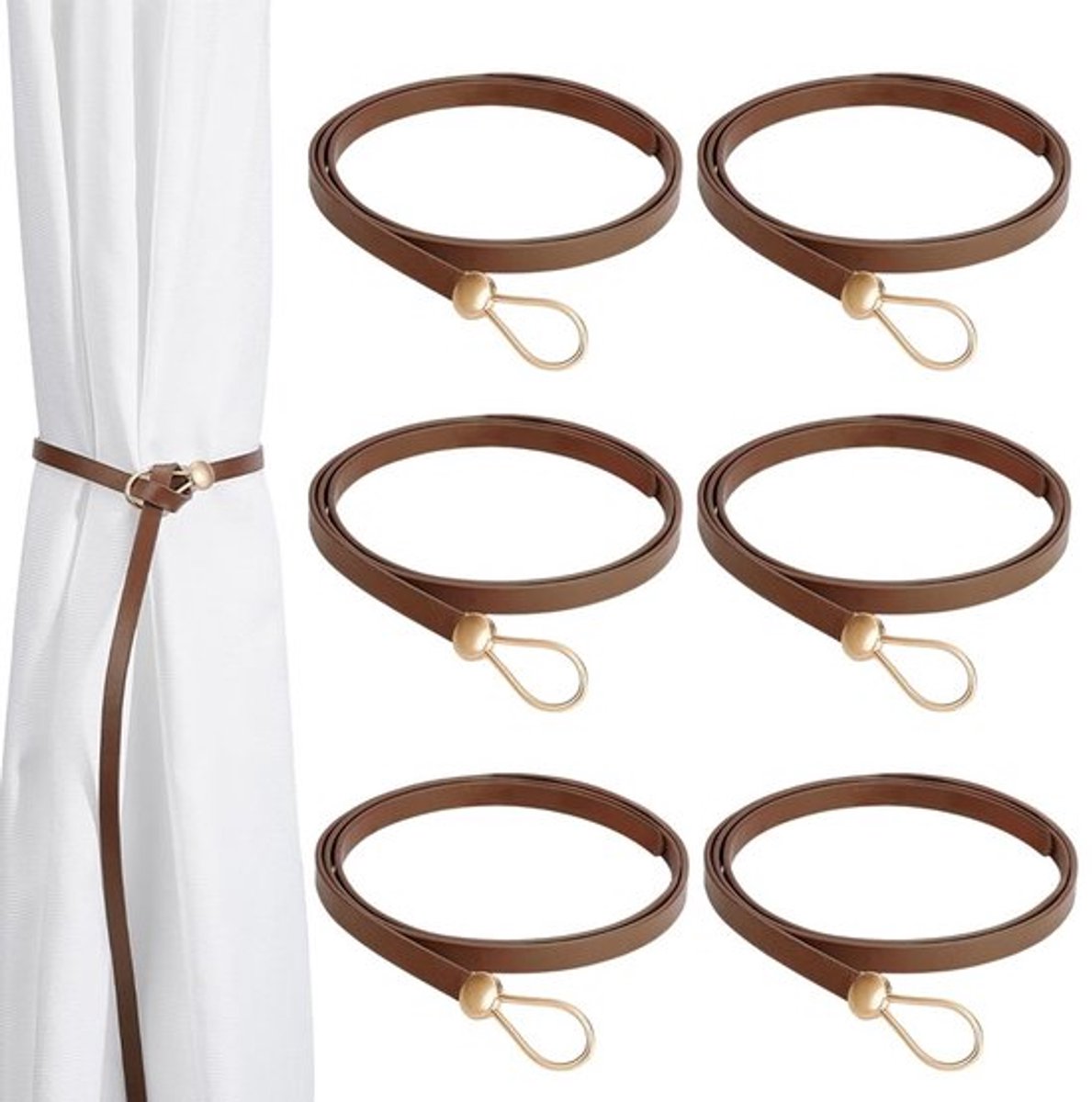 Gordijnhouders 6 stuks - PU-leer - zonder boren - decoratief touw - minimalistische stijl - 1136 mm lang - Gordijnkoorden