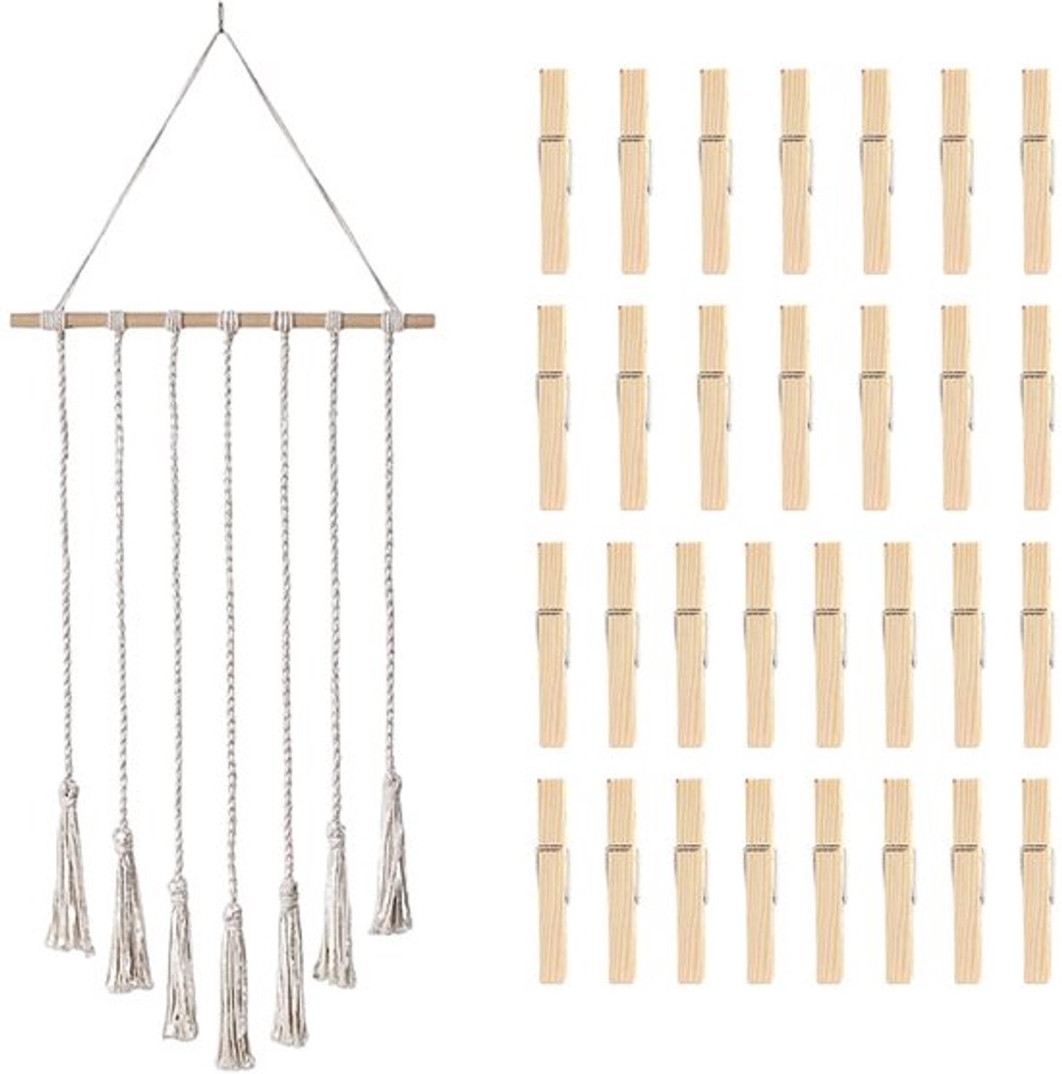Foto-opbergrek 100 cm - Houten Klemmen 30 stuks - Boho Decoratie - Wanddecoratie - Woonaccessoires - Duurzaam Materiaal - Fotowand