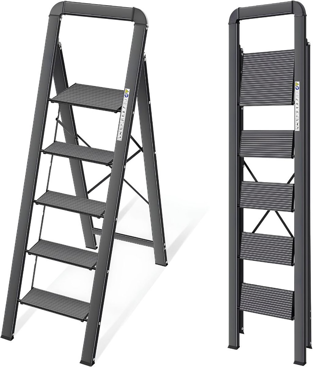VALI® Huishoudtrap 5 Treden - Huishoudtrap - Aluminium Ladder - Zwart - 83cm x 45cm x 137cm