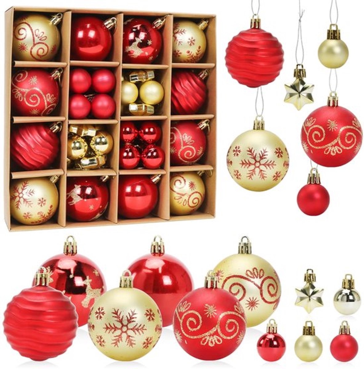 Kerstballen Set 44 Stuks - Kunststof - Rood/Goud - Kerstdecoratie - Sterhangers - Diverse Maten en Stijlen - Kerstversiering