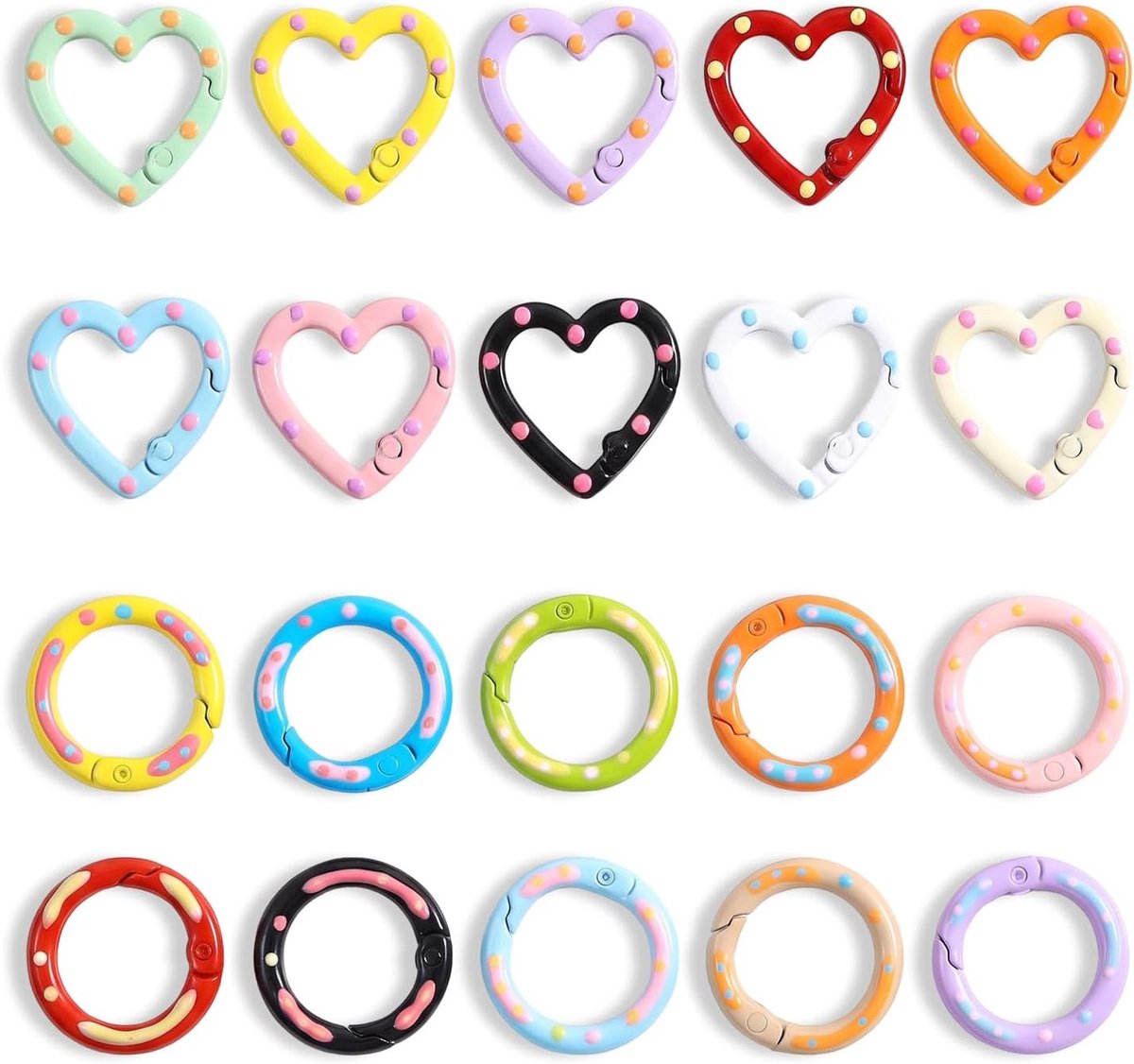 Mini-karabijnhaakset 20 stuks - 10x hart & 10x donut - metaal - kleurrijke veersluiting voor sleutelhangers - ShopVlot