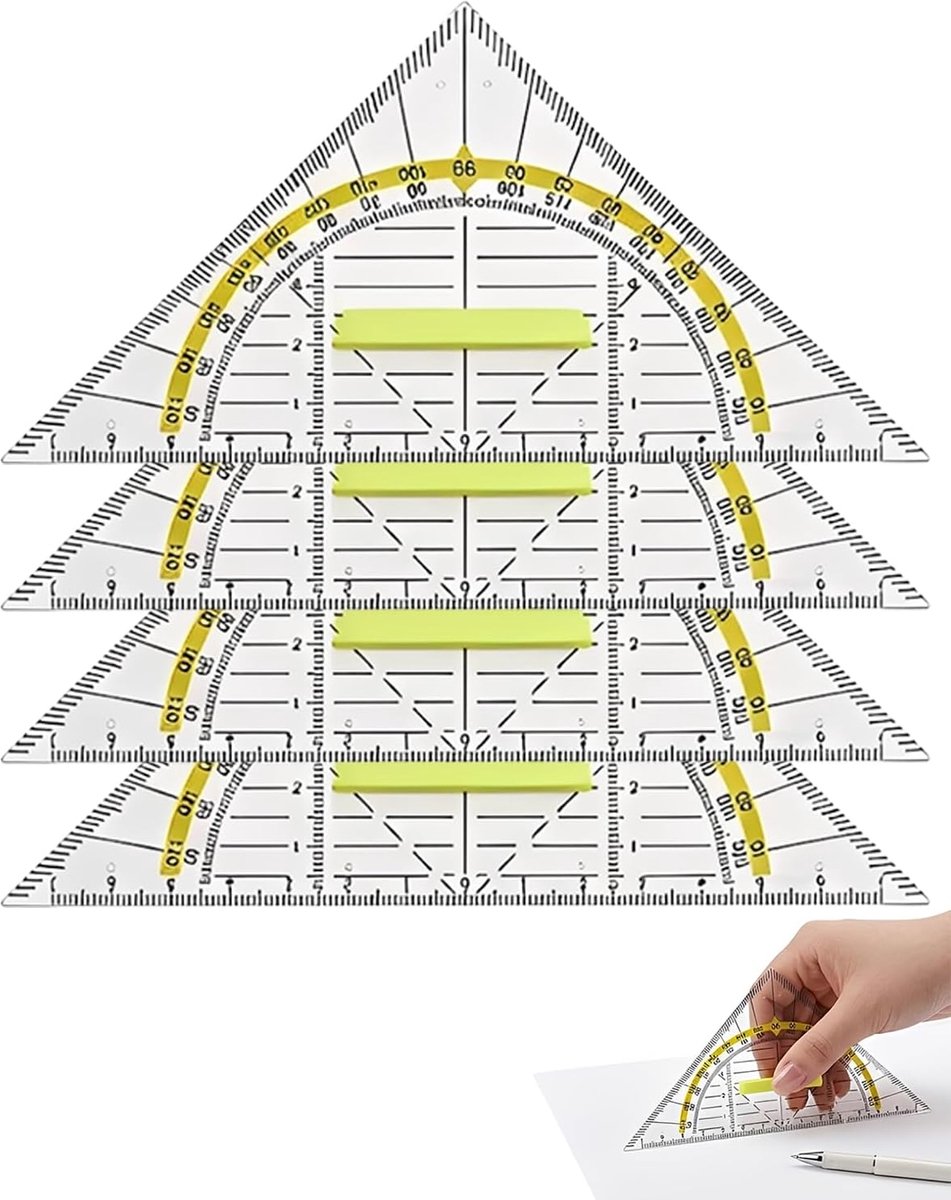 Geometriehoek en tekenhoek 4 stuks - kunststof - ergonomische handgreep - voor technisch tekenen - ShopVlot