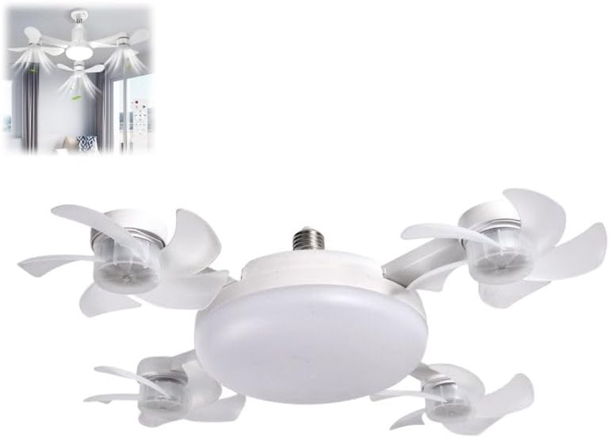 KZQ 4-kops drone plafondventilator met LED 50W - 3 snelheden en dimbaar 3 kleurstanden - Ultra-stil voor slaapkamer woonkamer en kantoor - Wit