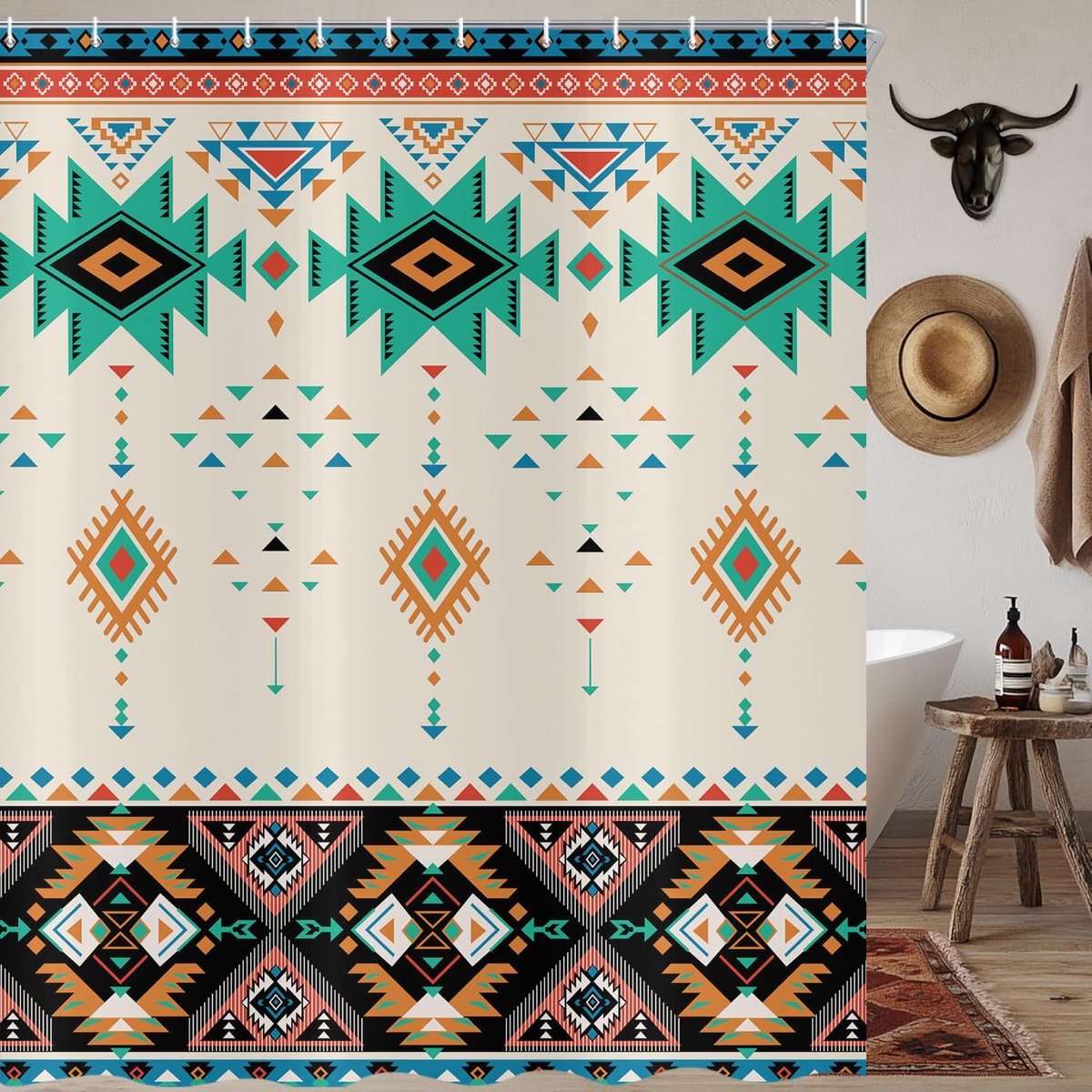Douchegordijn abstract turquoise - boho geometrisch - waterdicht polyester - wasbaar met haken - ShopVlot