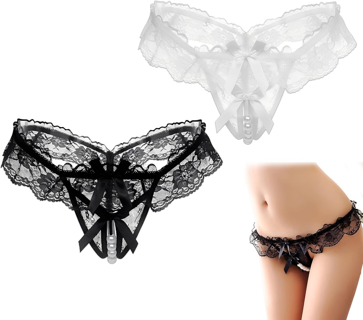 Lace Panties Dames Lage Taille Open Kruis - 2 Stuks Comfortabele Kant String - Zwart Wit - T-Model met Parels - ShopVlot