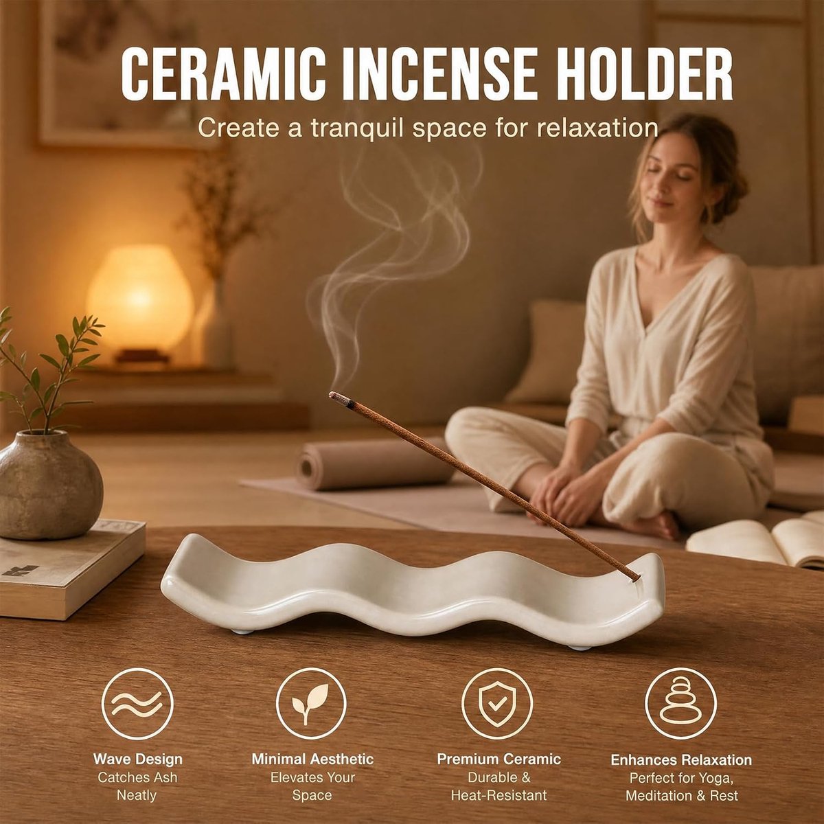Wierookstokjeshouder keramisch - hittebestendig met asopvanger - voor yoga en meditatie - decoratieve toevoeging - ShopVlot