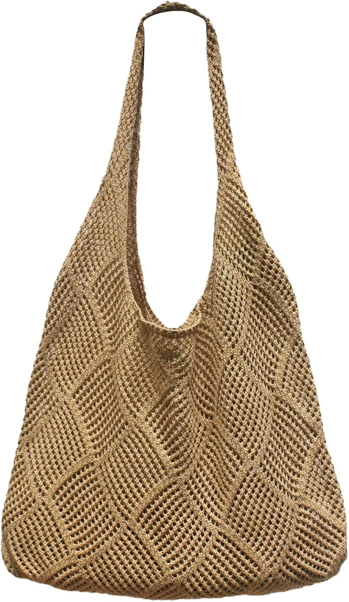 Strandtas grote vintage schoudertas - mesh brei tas - perfect voor winkelen en reizen - khaki - ShopVlot
