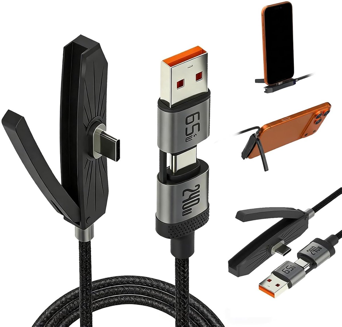 Oplader met telefoonhouder 2-in-1 - 240 W hogesnelheid - platte oplaadkabel - ideaal voor onderweg - ShopVlot