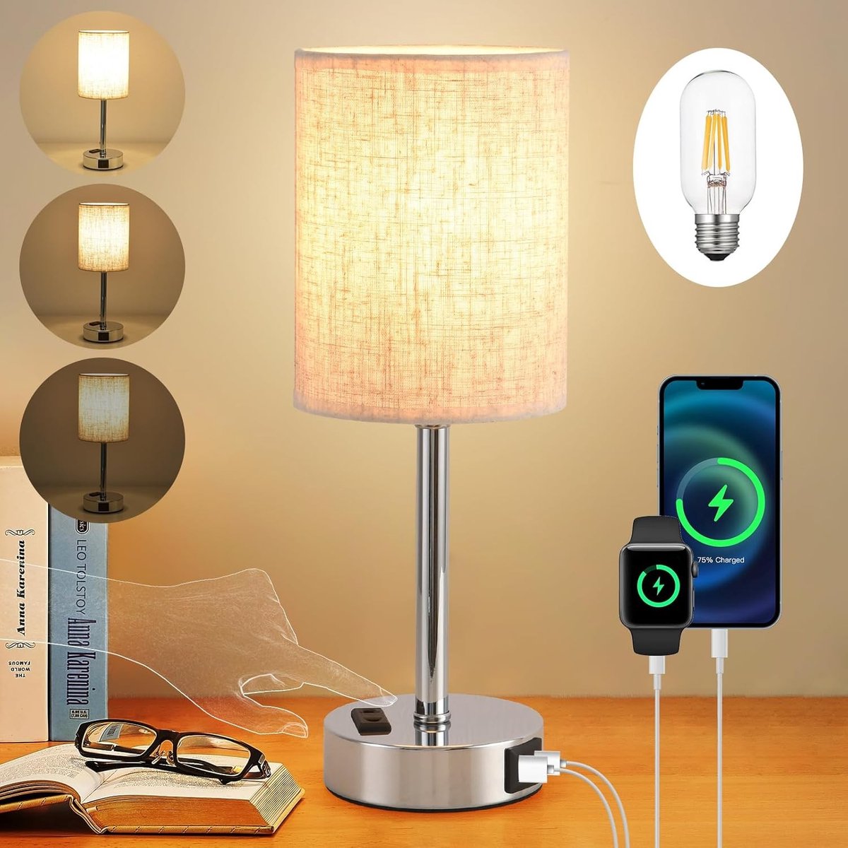 Tafellamp - Beige - Dimbaar met Touchfunctie - Linnen Lampenkap met USB A+C Oplaadfunctie - Voor Slaapkamer en Kantoor
