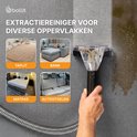 Grote afbeelding toont de extractiereiniger die een vlek op een grijze muur reinigt. Kleine afbeeldingen tonen gebruik op tapijt, bank, matras en autostoelen.