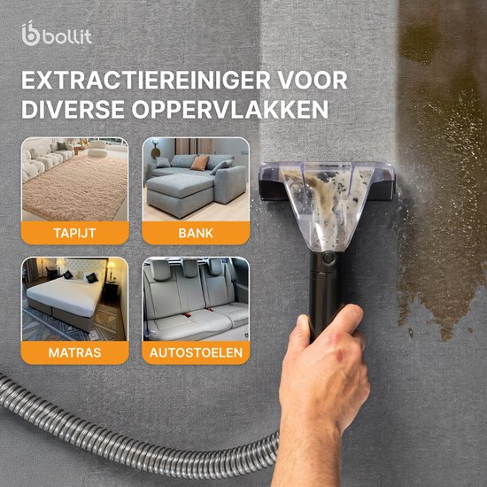 Grote afbeelding toont de extractiereiniger die een vlek op een grijze muur reinigt. Kleine afbeeldingen tonen gebruik op tapijt, bank, matras en autostoelen.