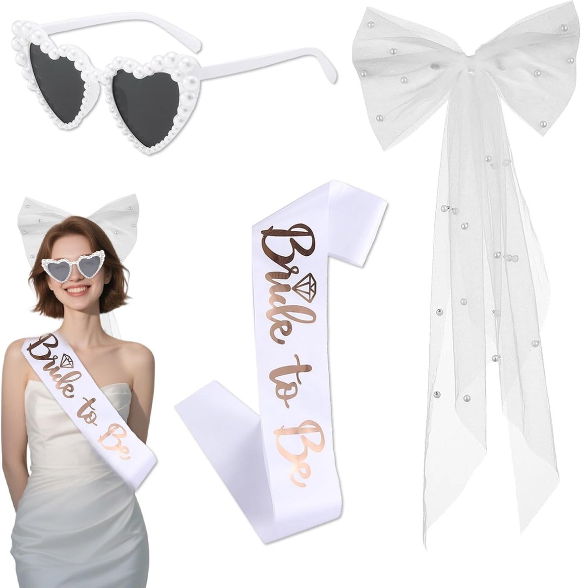 Bridal veil set - wit met strik en parels - inclusief trouwsjerp en parel zonnebril - perfect voor bruiden - ShopVlot
