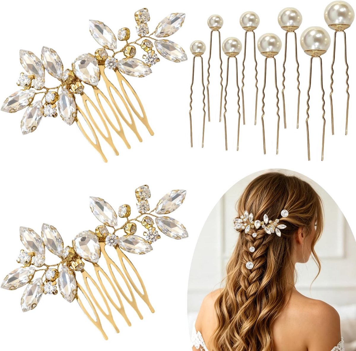 Haaraccessoires voor bruiloft - 10 stuks gouden haarspelden - met parels en steentjes - voor een stijlvolle bruid - ShopVlot