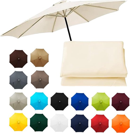 Crèmekleurige parasolhoes met een overzicht van 16 verschillende kleurvariaties van het parasoldoek.