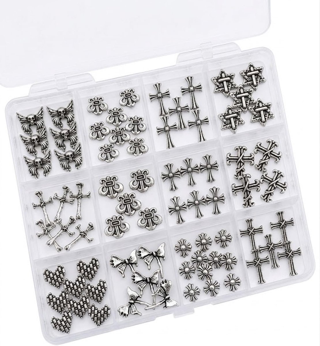 120-delige nagelset met doos 3D zilver metallic voor nail art kruis hart doodskop gothic punk decoratie nagels - ShopVlot