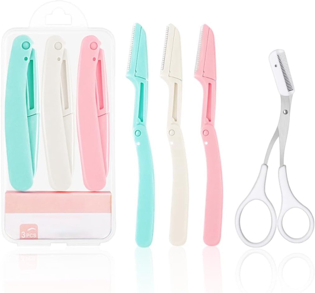 Professionele Scheerset voor Vrouwen met 3 Scheermesjes en 1 Oogbrow Schaar voor Nauwkeurige Vormgeving en Verwijderen van Fijn Gezichtshaar, Inclusief Opbergzak