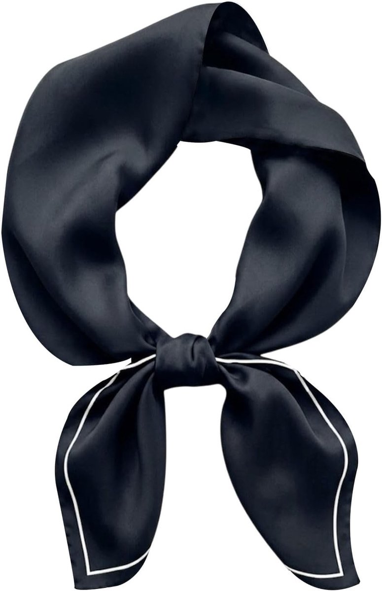 Elegante vierkante sjaal 70x70 van zwarte zijde met witte rand, perfect als halsdoek, bandana of haaraccessoire voor dames, licht en zacht voor kantoor, reizen en speciale gelegenheden.